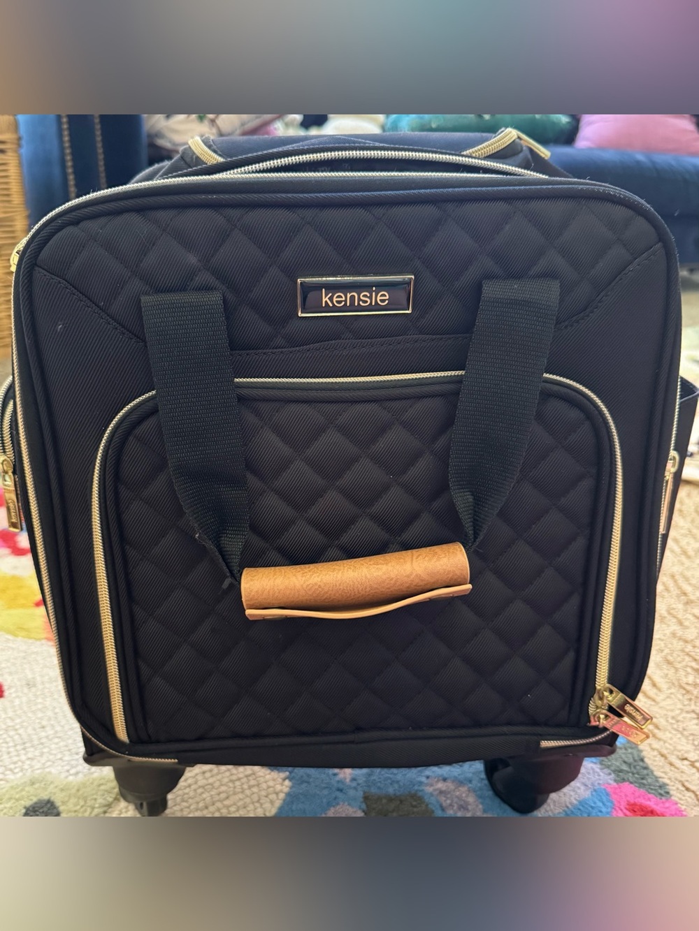 Kensie Black Quilted Carry-On with Gold Trim